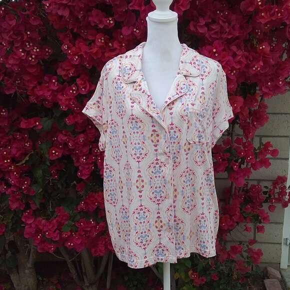 Gilligan & O'Malley Pink Print Pajama Top Knit XL Short Sleeve Button - Picture 1 of 5